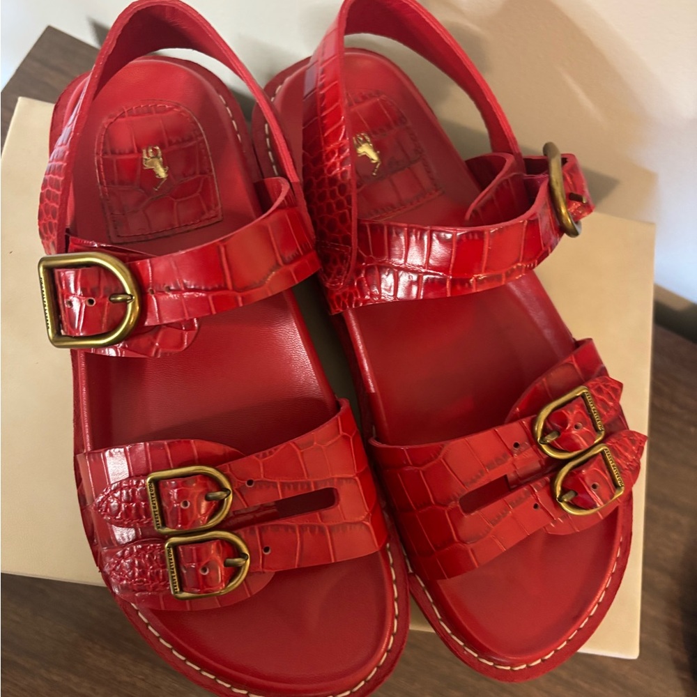 Ralph Lauren Red Croc-Embossed Buckle Leather Sandals